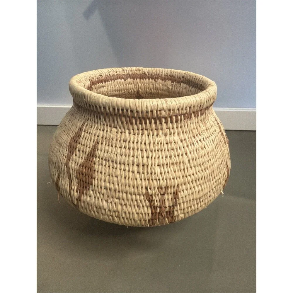Vintage Handwoven Coil Basket Botanical Geometric Natural Fiber Rainforest Chic